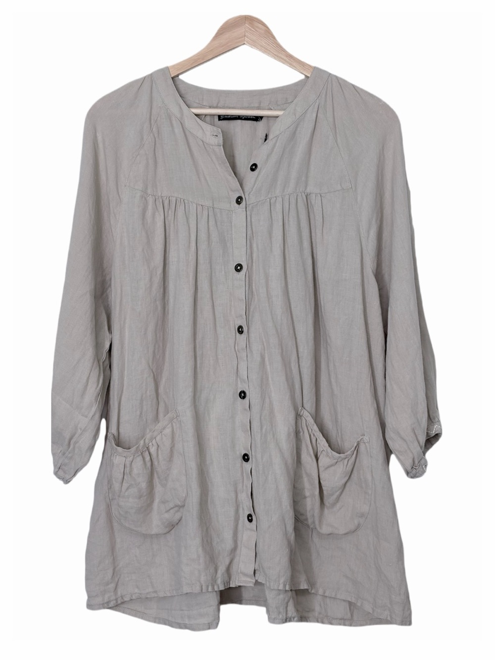 Gudrun Sjoden Linen Button Up Tunic Top In Neutral Tan Long Sleeve Size Small